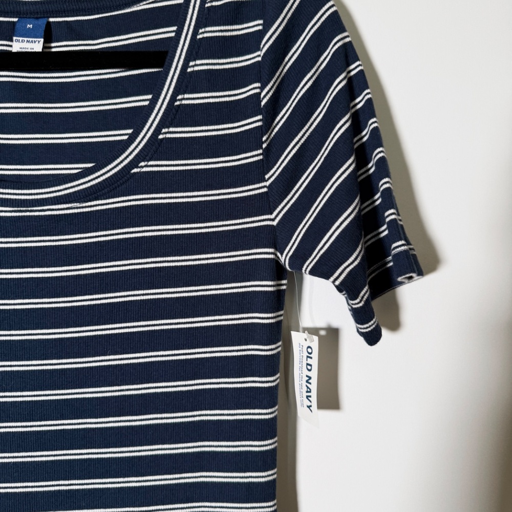 Old Navy - Women’s Fitted Short-Sleeve Striped Rib-Knit Midi Dress Navy/White M - Picture 2 of 5